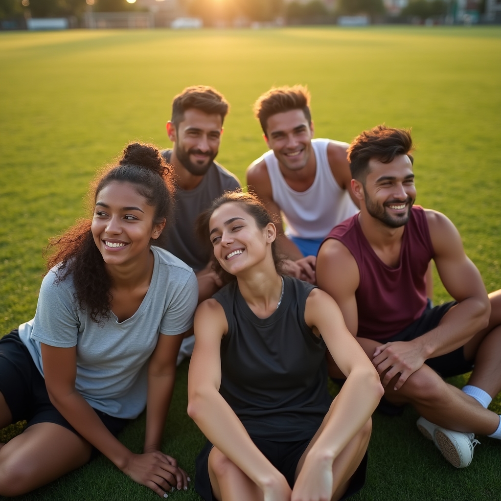 Group of athletes from diverse backgrounds resting and recovering together after a training session
