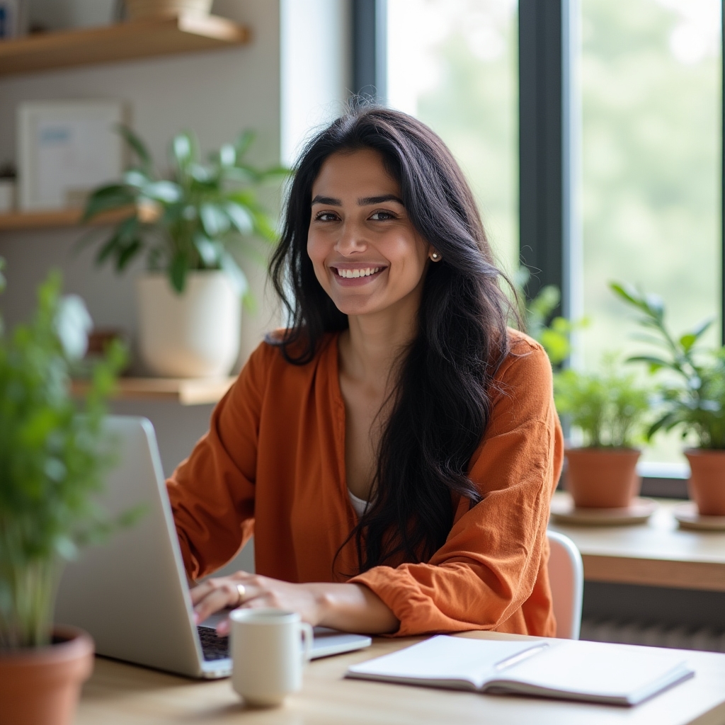 Priya Nair, wellness content writer working thoughtfully at a bright desk